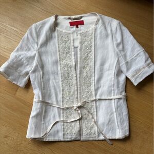 GORGEOUS Les Copains Ivory LINEN jacket / top - beaded with silk ribbon - SZ 42